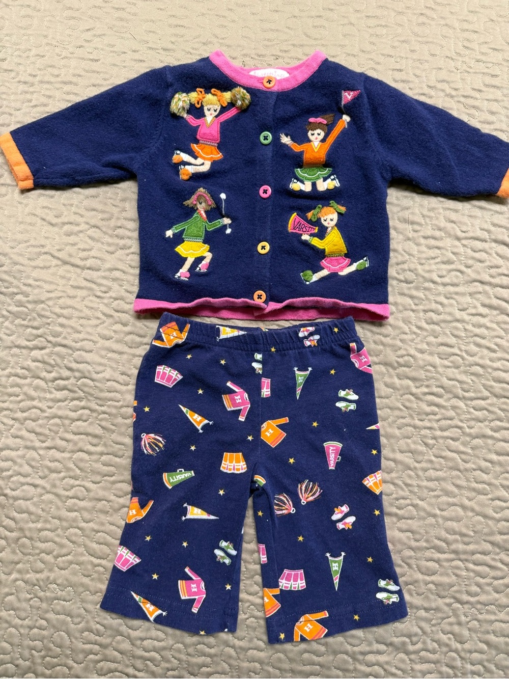 Vintage Y2K Hartstrings Navy Pajama Set with Pink and Orange Trim